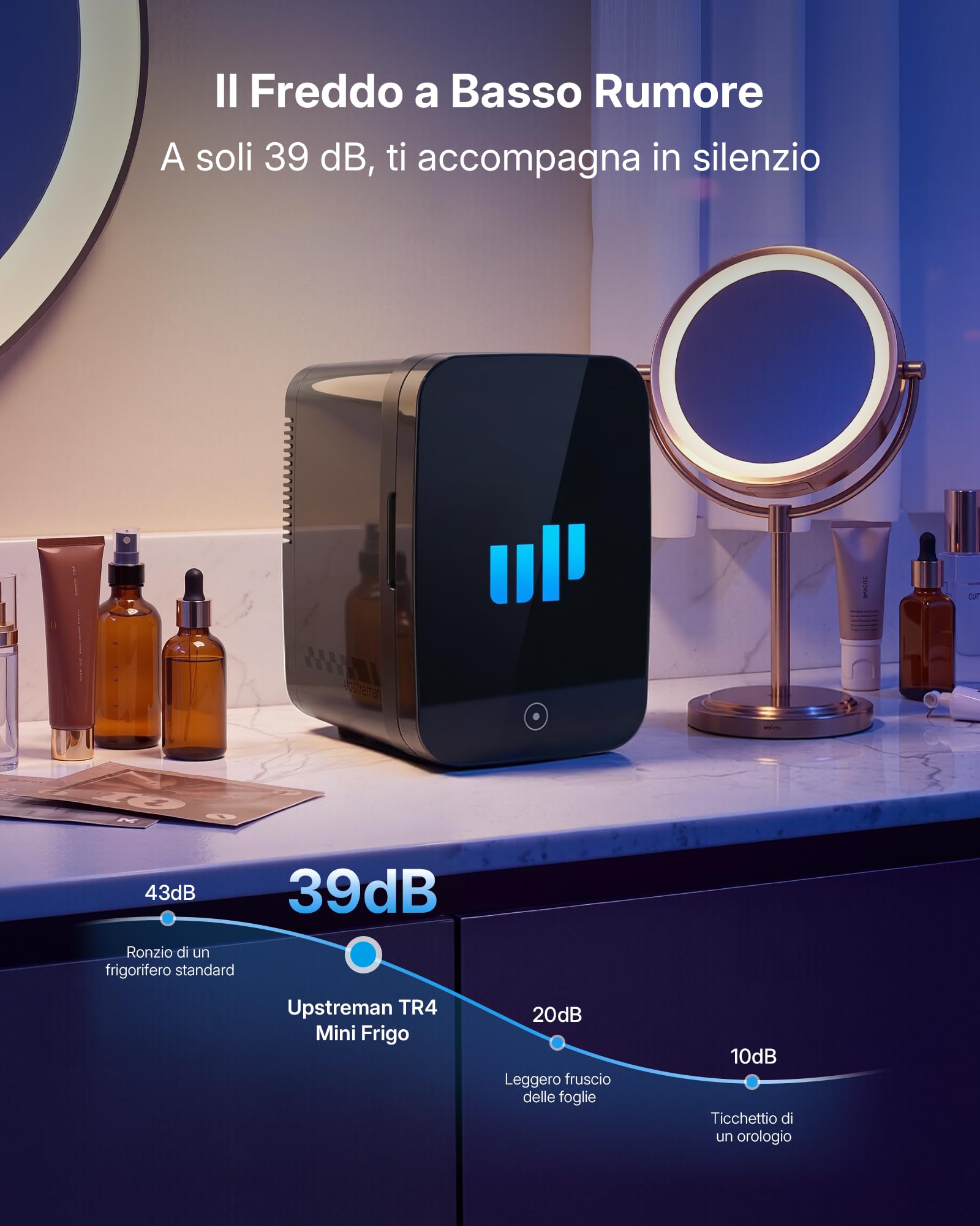 Upstreman Mini Frigo da Camera, 4 Litri/6 Lattine, 7 Colori Luminosi LED, Mini Frigo Termoelettrico, 12V/220V, Mini Frigoriferi per Dormitorio, Ufficio, Sala Giochi, Auto, TR4-Up