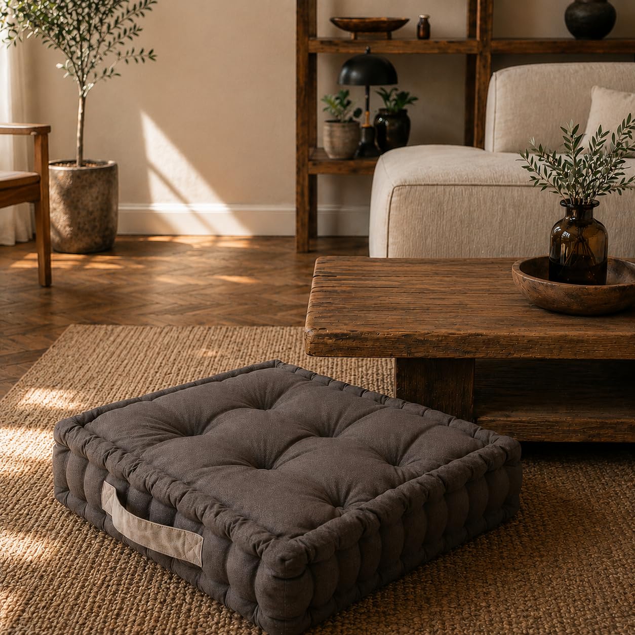 TIENDA EURASIA – Cojines Sillas Terraza | Material Algodón Acolchado | con Asa Resistente | Medidas 45x45x10 cm | Forma Cuadrado | para Asiento en el Suelo, Sillas o Palets (Gris Pardo)
