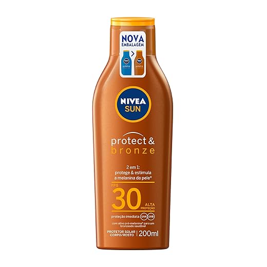 NIVEA SUN Protetor Solar Protect & Bronze FPS 30 200ml - Com ativo de pró melanina, resistente à água, protege dos raios UVA/UVB, ajuda a manter a cor bonita e uniforme por mais tempo