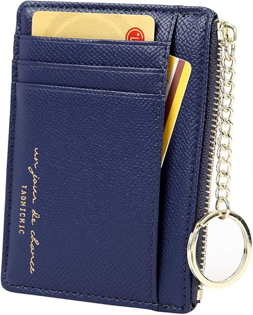 Women's 8 Cards Slim Minimalist Card Holder Coin Changes Purse Keychain Front Pocket Wallet, Navy Blue
