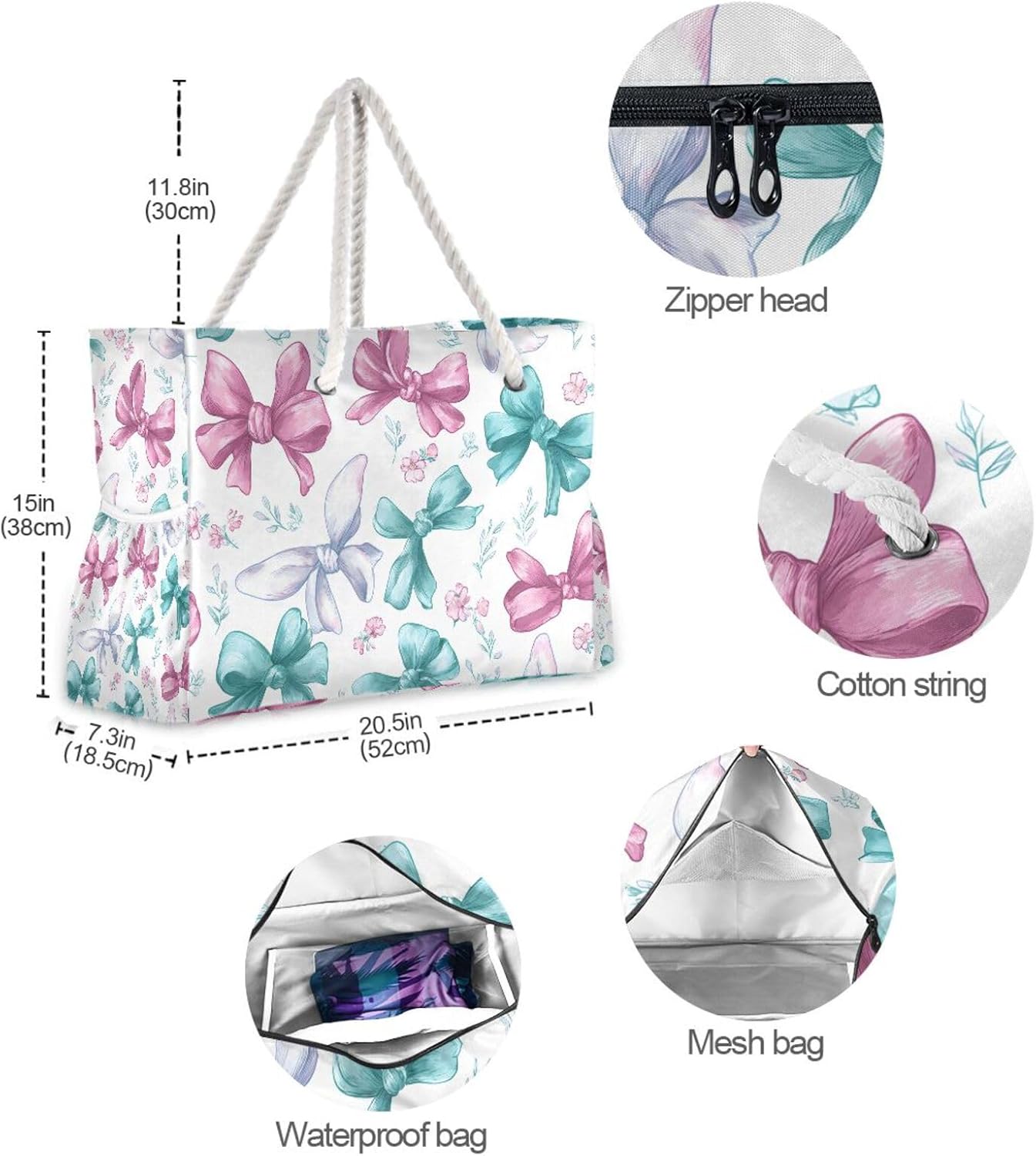 OTVEE Watercolor Bow with Floral Beach Bags for Women Ladies Large Canvas Tote Shoulder Bag Waterproof Travel Bags for Gym Swim Pool Camping
