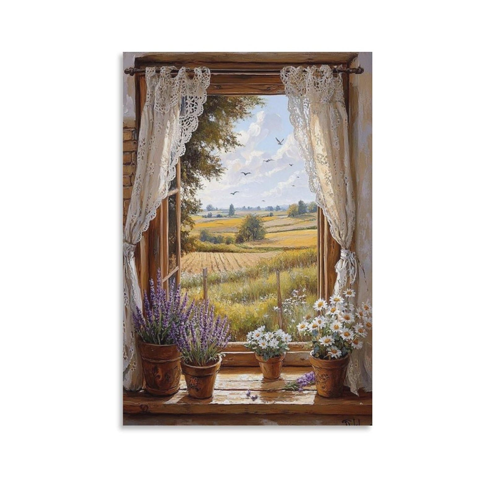 BNCEDJK Cottagecore Window View Canvas, Floral Curtain Painting, Canvas Poster Bedroom Decor Landscape Office Room Decor Gift 20x30inch(50x75cm)