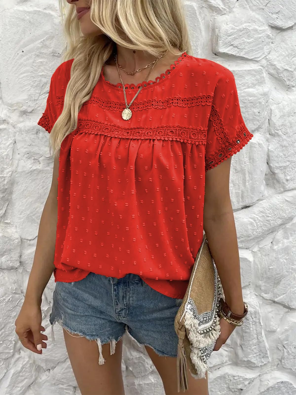 Poetsky Blusas de Verano de Manga Corta con Encaje de Ganchillo para Mujer, Estilo Babydoll, Elegante, Casual, para el Trabajo, Naranja Rojo, Small