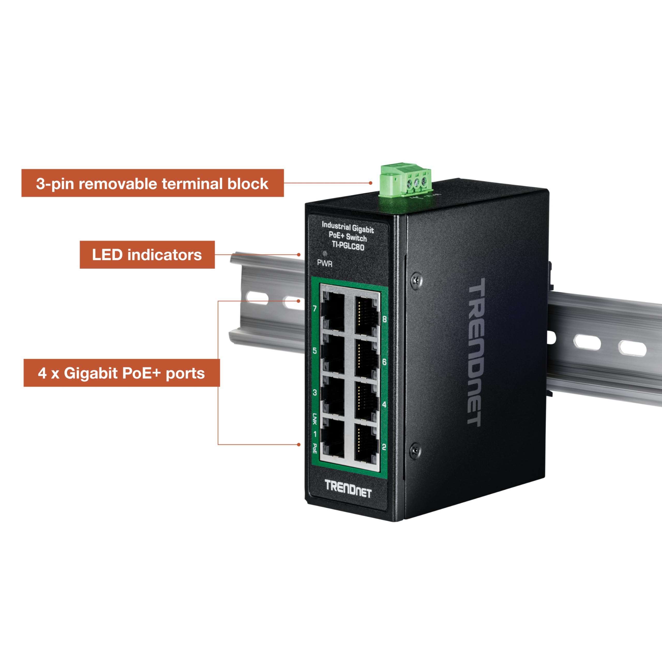 TRENDnet - Mini Interruptor Industrial Gigabit PoE+ DIN-Rail de 8 Puertos, TI-PGLC80, 8 Puertos Gigabit PoE+, 200 W PoE+ de presupuesto de Potencia, 16 Gbps, Compatible con NDAA y TAA