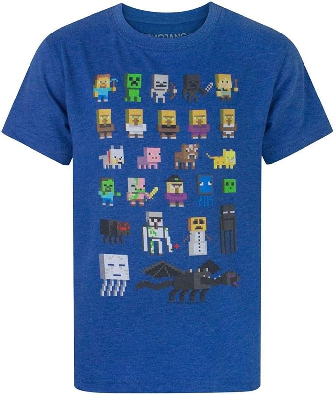 Minecraft TShirt Boys Kids Sprites Characters Short Sleeve Blue Top