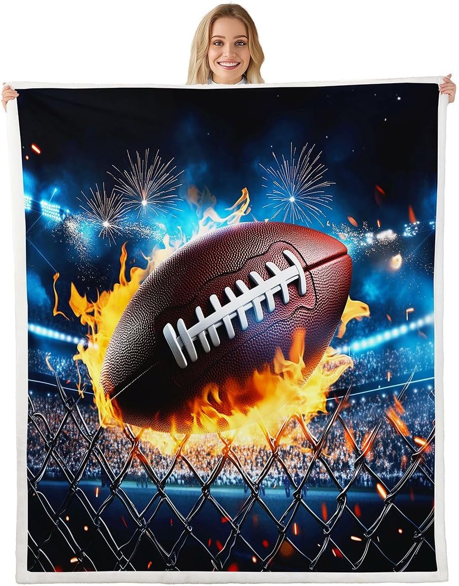3D America Football Sherpa Blanket Football Plush Blanket Sports Fleece Throw Blanket for Bed Sofa Couch Kids Soccer Ball Warm Fuzzy Blanket Ultra Soft Room Decor Competitive Games Twin 60"x80"