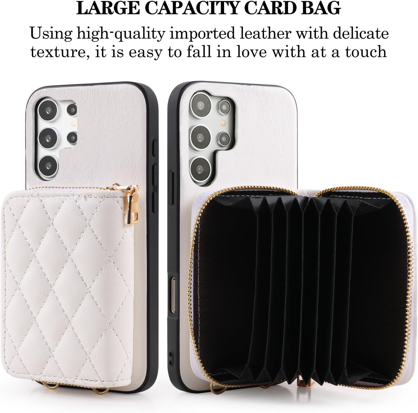 Argyle Wallet Cover for Samsung Galaxy S25 Ultra 5G & Screen Protector Shoulder Strap, Luxury PU Leather Zipper Organ Card Holder Stand Phone Case for S25Ultra 25S S 25 25Ultra 6.9 2025 White