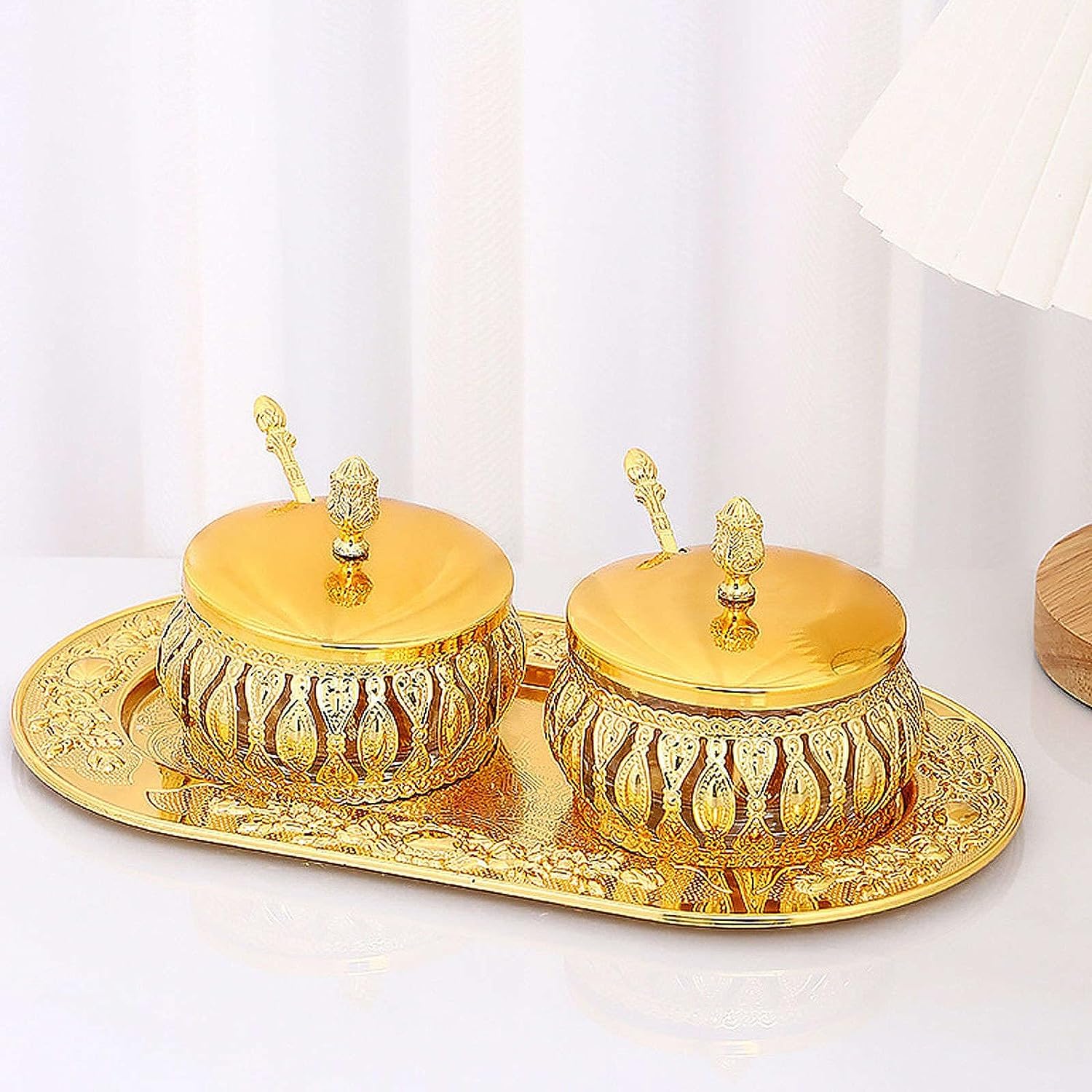 Sucrier,sucrier avec Couvercle,sucrier doré avec Couvercle et cuillère, Pot à épices en Verre doré, Pot à Bonbons avec Plateau for décoration de Cuisine-Or-Ensemble Entier