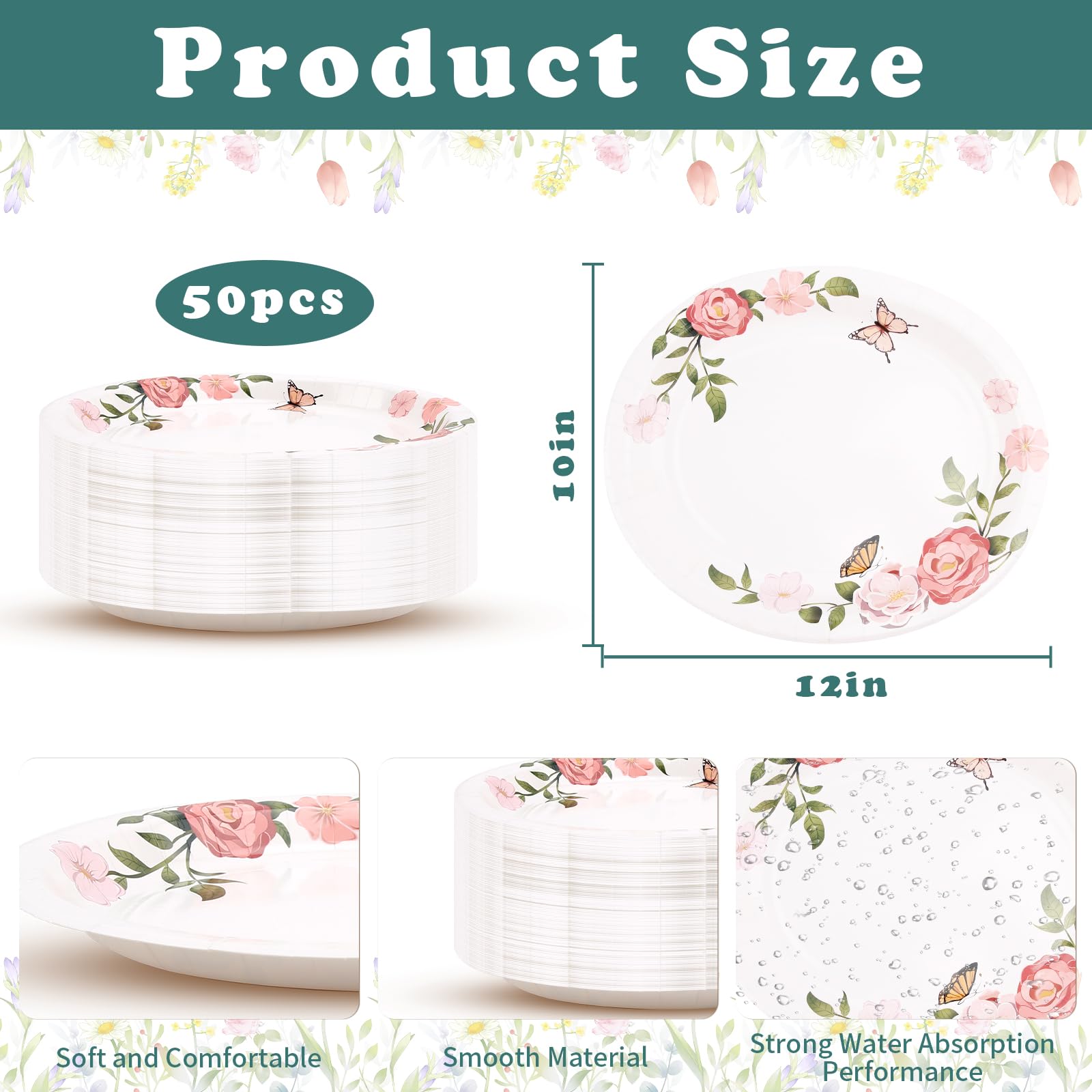 VXYW 50 Count Oval Paper Plates, 10'' X 12'', Heavy Duty 400GSM Dinner Serving Supplies For Floral Theme Parties, Birthday, Holiday, Wedding - View #2