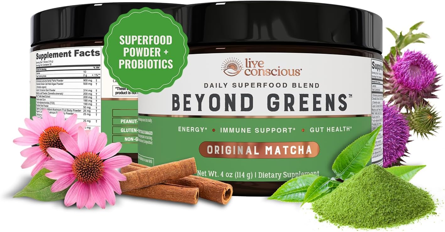 Beyond Greens Superfood Powder - Delicious Debloating Super Greens Powder - Matcha Greens Blend w/Chlorella, Echinacea, Probiotics for Immune Support & Energy