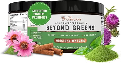 Live Conscious Beyond Greens Superfood Powder – Delicioso polvo deshinchante Super Greens – Mezcla de verduras Matcha con clorella, equinácea,