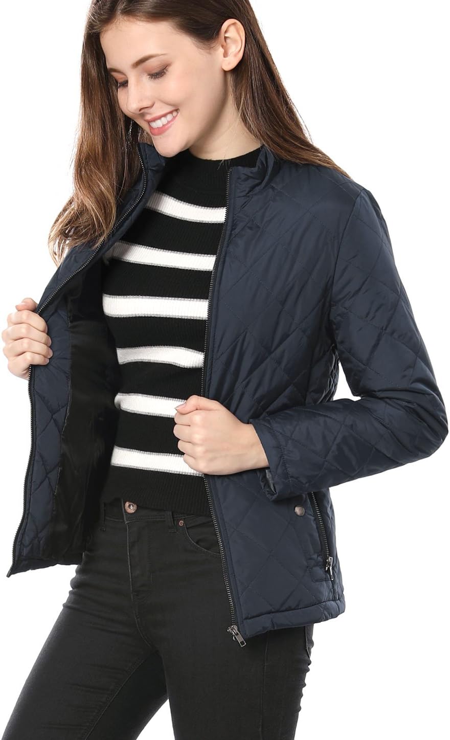 Allegra K Women's Stand Collar Zip Lightweight Quilted Jacket
