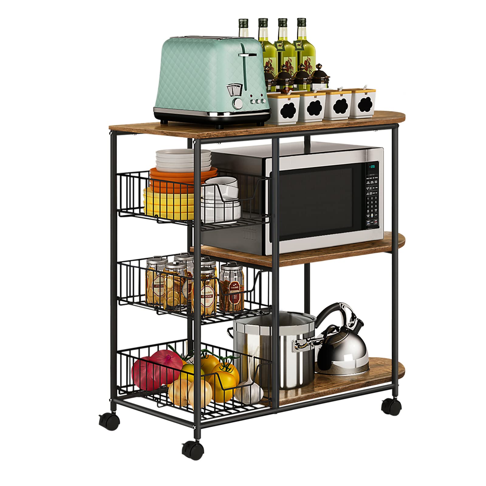 Photo 1 of 3-Tier Kitchen Baker's Rack with Storage, Microwave Stand carts 4 Wheels and 3 Baskets
