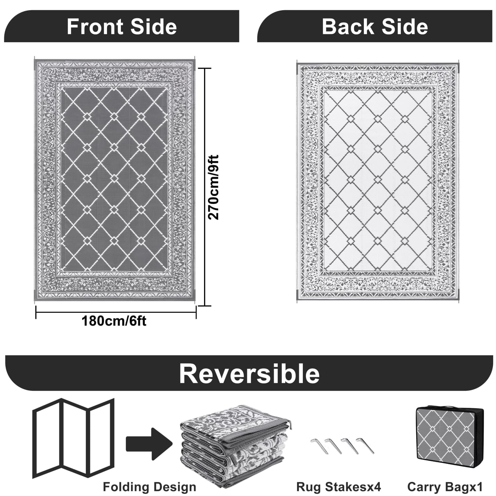 SHACOS Tappeto Esterno Interno Grigio 180x270cm Tappeto da Terrazzo Reversibile Tappeti Giardino in Plastica Tappetino Campeggio Pieghevole Portatile Tappeto Tessitura Piatta per Terrazza Picnic