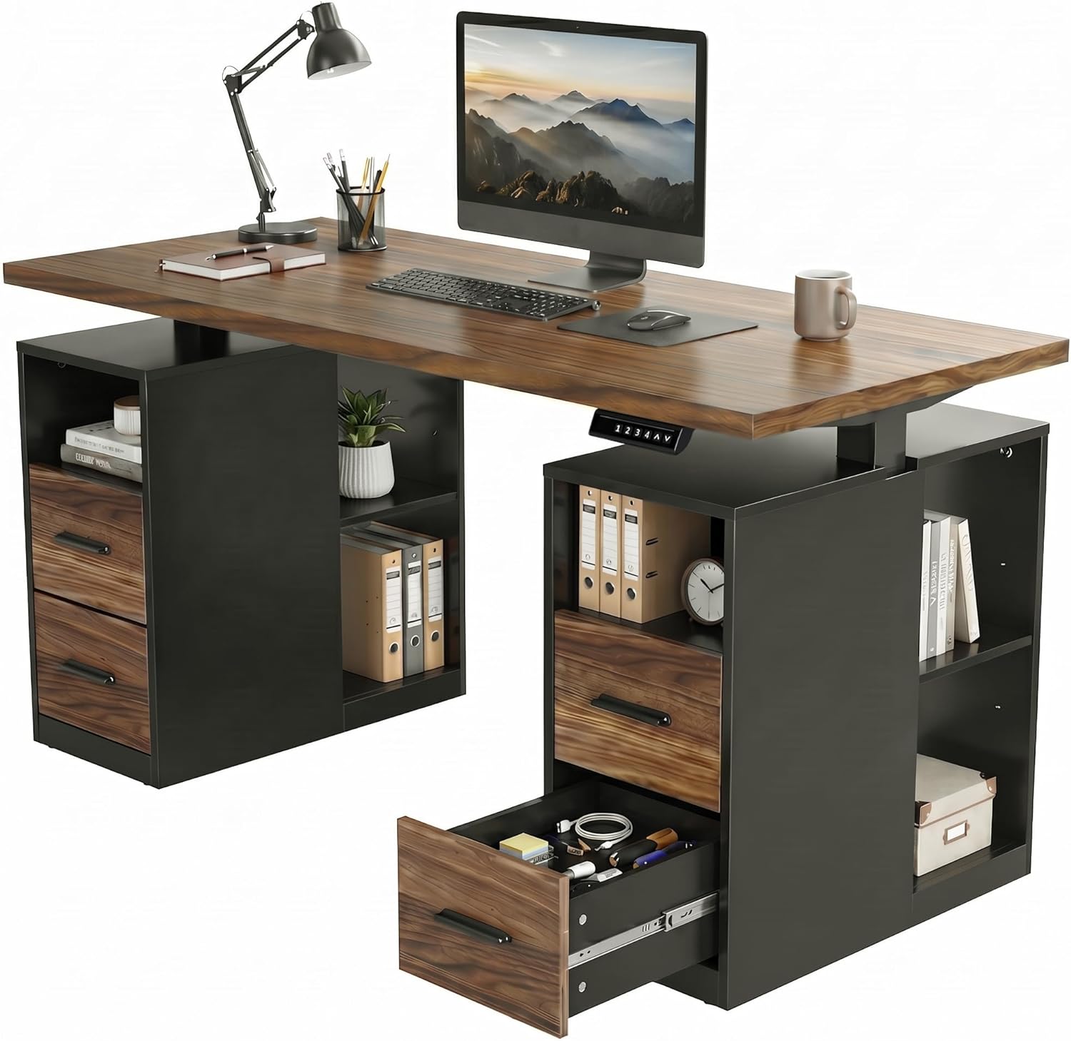 HUANUO 55" Standing Desk with Drawers, Executive Electric Height Adjustable Stand Up Desk with Storage, Computer Workstation for Home Office, Black Walnut