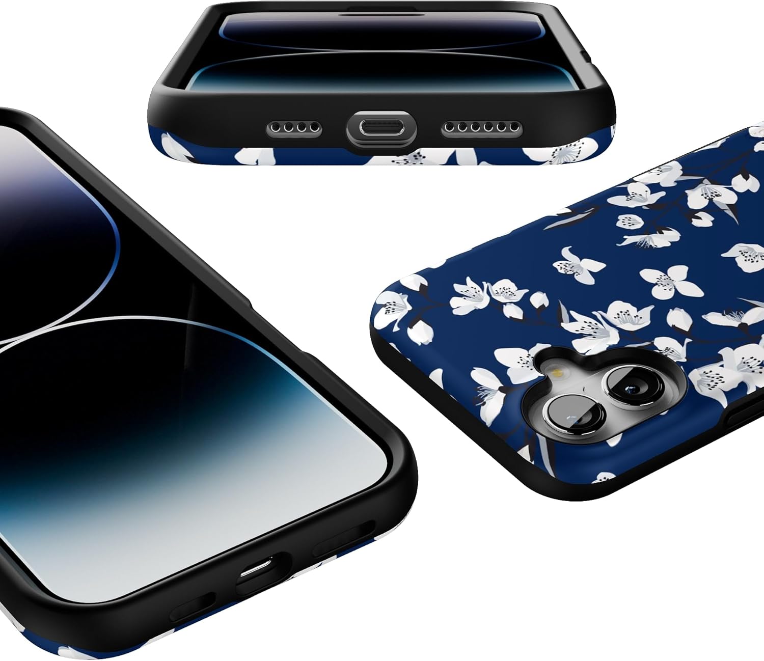 Casely iPhone 16 Case | Floral Forest | Navy Cherry Blossom Floral | Bold Protective Design | Compatible with MagSafe
