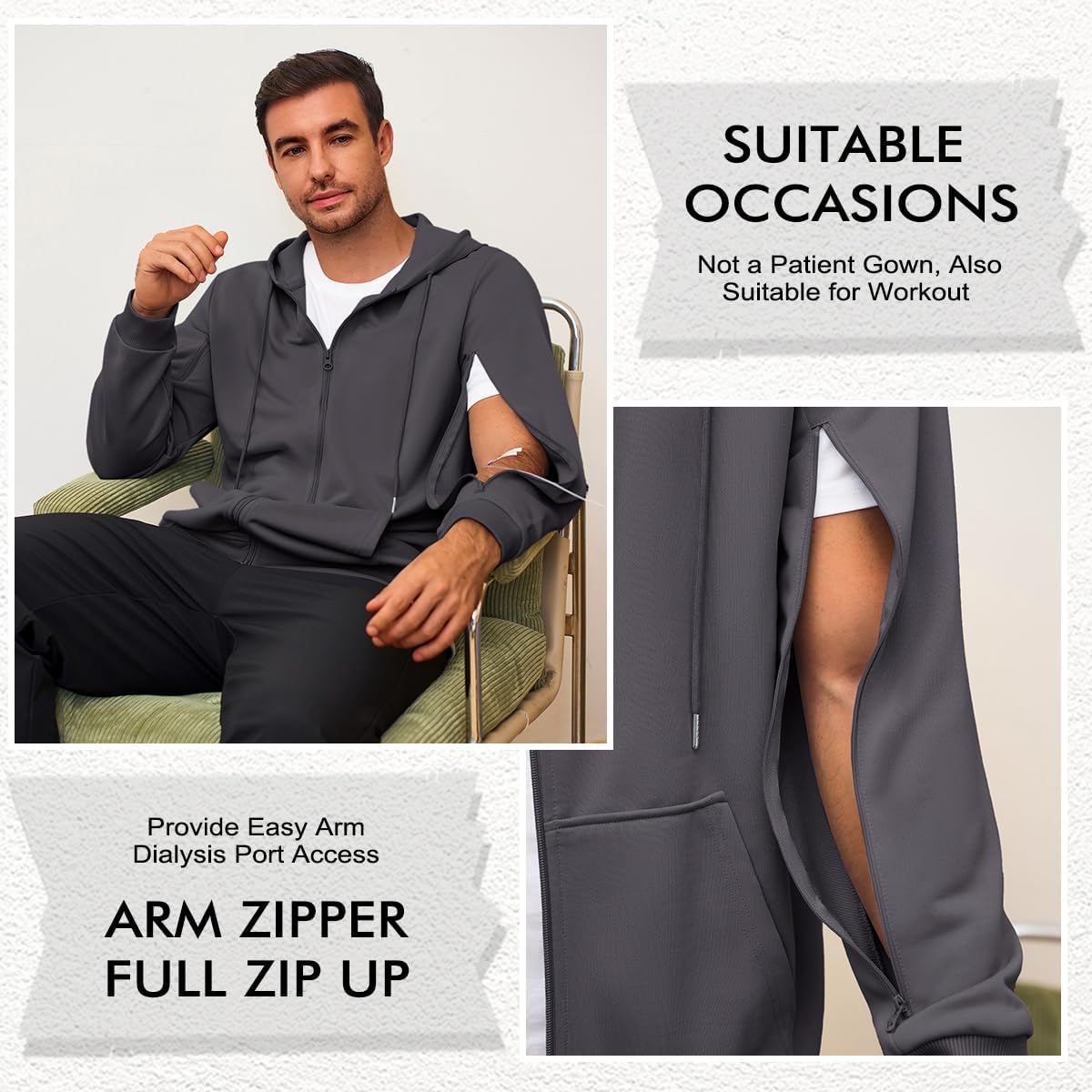 Runcati Mens Dialysis Sweatshirts Full Zip Lightweight Hemodialysis Jacket Warm Hoodie Sweatshirt with Arm Zipper - Image 4