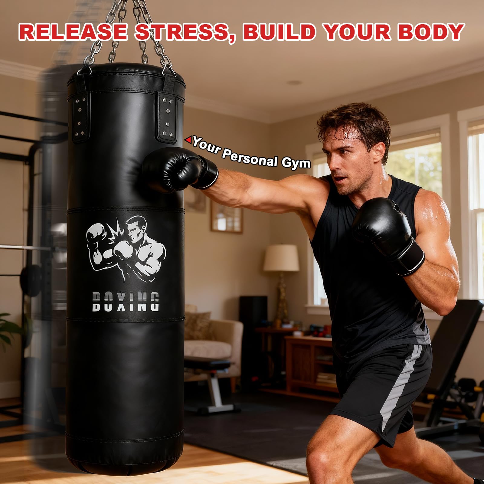 Sac de Frappe Adultes, Qoosea 120cm Lourd Sac de Boxe avec Gants et Bandage de Boxe, Suspension Punching Ball pour Entraînement de Kickboxing, MMA Karaté Taekwondo Idéal Cadeau- Non Rempli
