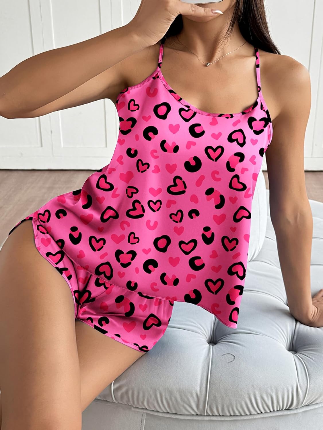 Ekouaer Silk Pajamas Set for Women Satin Backless Lingerie Pjs Cami Top and Shorts Nightwear - Image 4