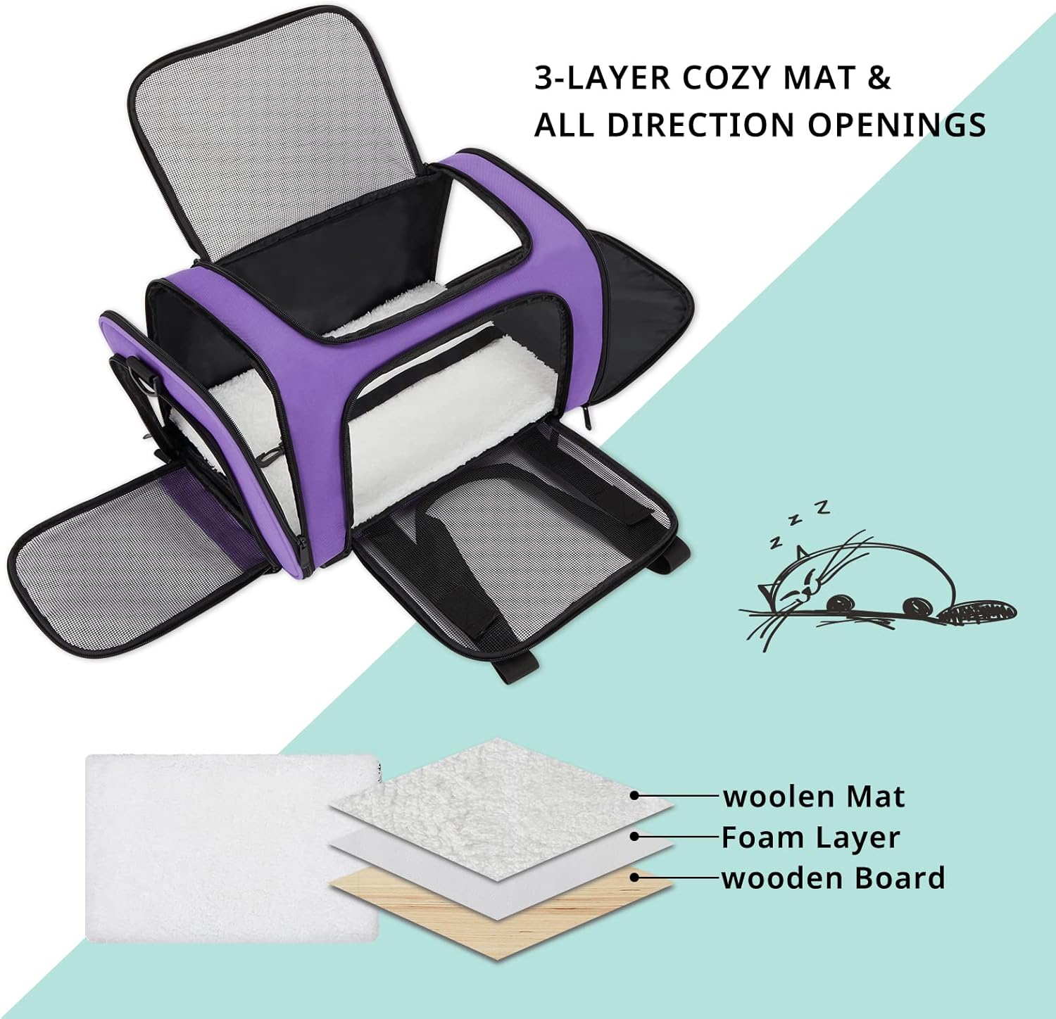 Echohana Pet Carrier Airline Approved, Soft Cat Carriers for Large Cats, Collapsible Cat Carriers with Removable Fleece Pad, Three-Sided Breathable Dog Carrier for Pets Under 25lbs (Large-Purple) : Pet Supplies