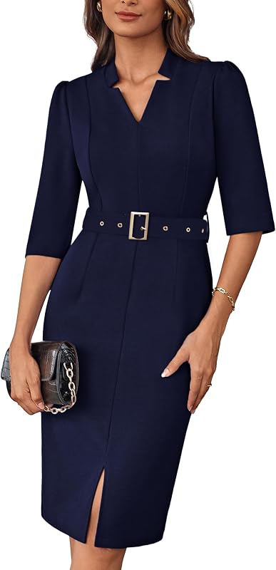 Women's Work Dress 3/4 Sleeve V Neck Bodycon Sheath Dress Zipper Up Office Business Dresses with Belt