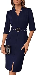 Women's Work Dress 3/4 Sleeve V Neck Bodycon Sheath Dress Zipper Up Office Business Dresses with Belt - Buy now