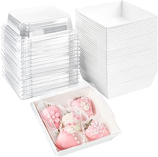 Ocmoiy 50 Pack Small Charcuterie Boxes with Clear Lids 4x4 Inch, To Go Disposable Paper Food Containers Bakery Treat Boxes for Desserts, Cake Slice, Cookies, Strawberries (White, 50)