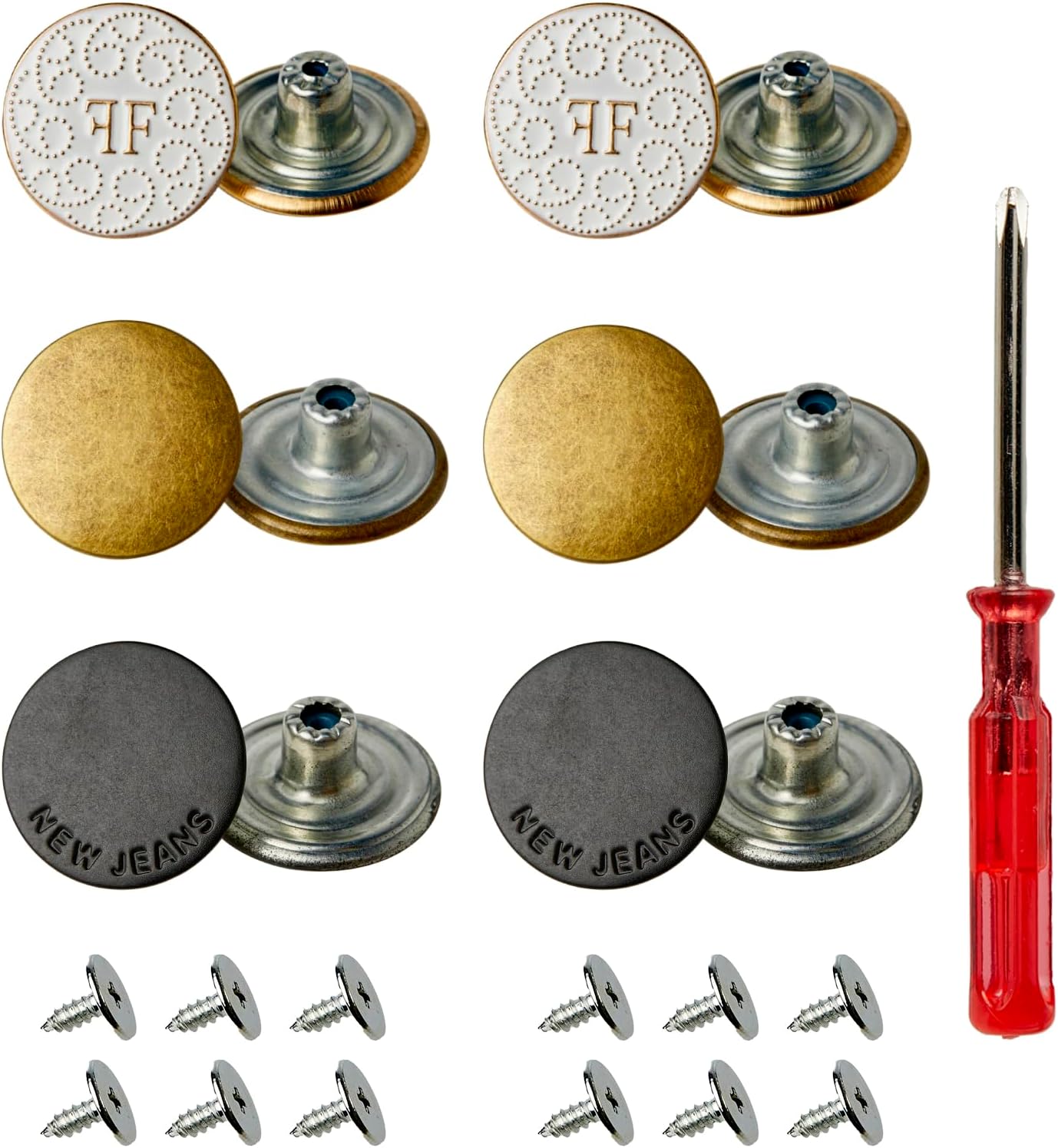 3 Designs No-Sew Removable Metal Buttons Replacement Repair Combo Thread Rivets and Screwdrivers in Storage Box, Women and Men's Jeans Clothing Supplies 12 Sets 20mm - Amazon product rated Grade B