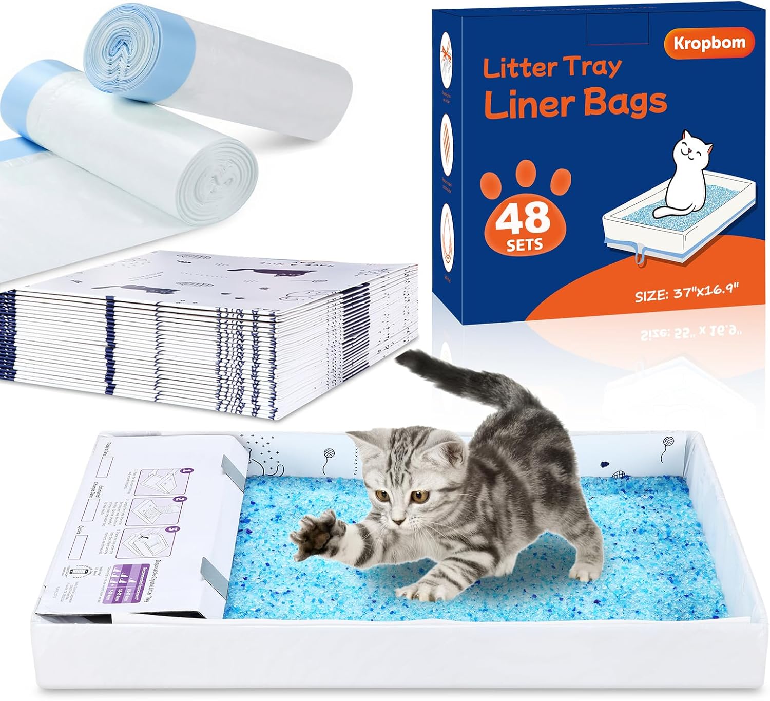 48 Pack Litter Box Liners Compatible with Safe Pets Scoopfree Cat Litter Box Tray Refill, Large Cat Waste Poop Bags with Anti-scratch Cardboard and Drawstring Heavy Tear-resistant- 37" x 16"