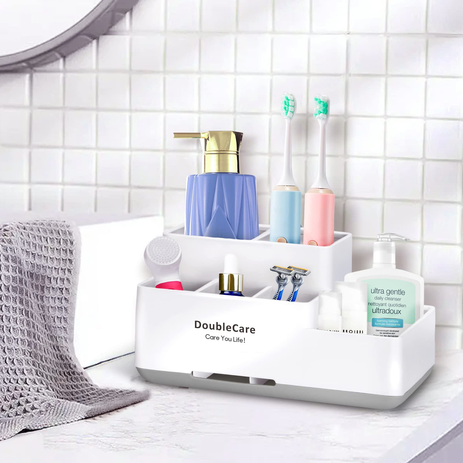Portaspazzolino con antiscivolo, organizer da bagno rimovibile, portaoggetti multifunzionale, contenitore per dentifricio, rasoio