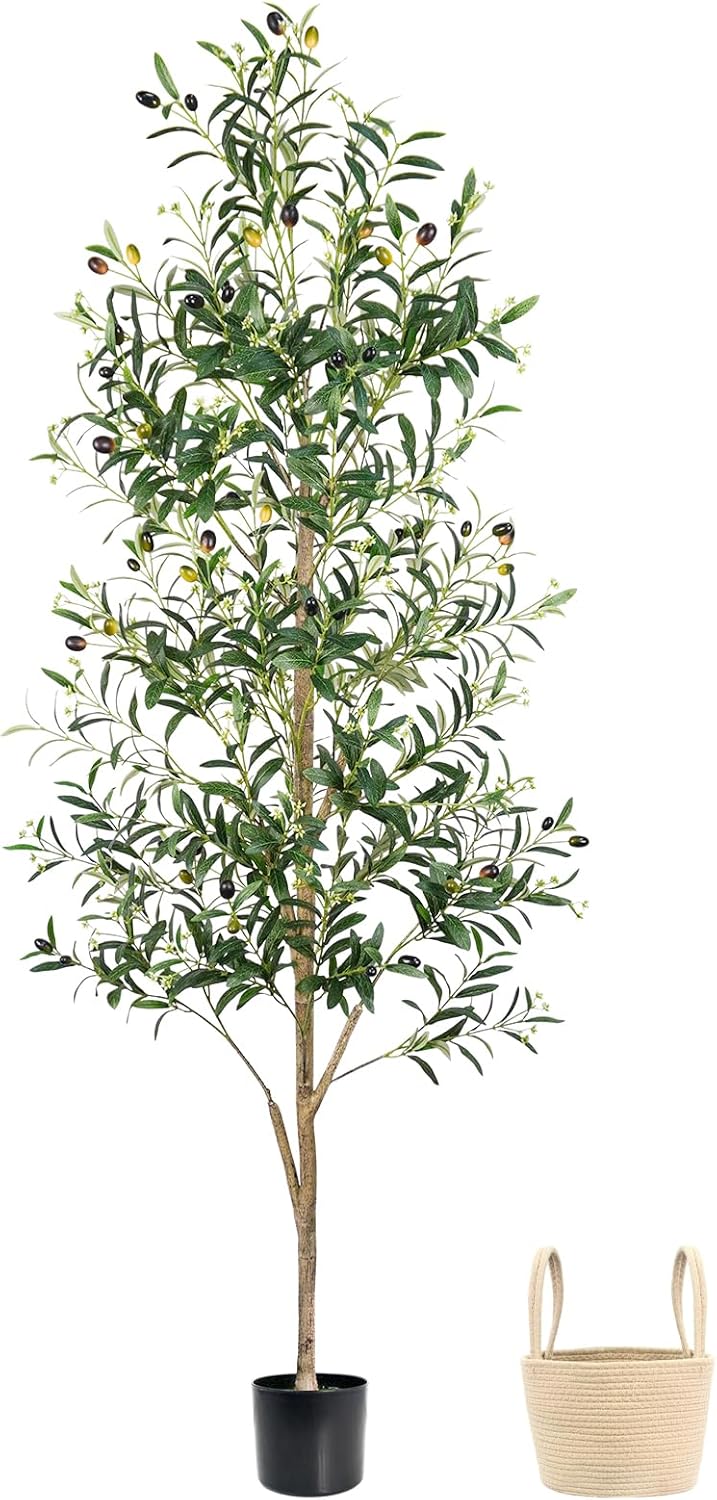 Faux Olive Tree 6FT, Artificial Potted Tree with Planter, Silk Plants Indoor Outdoor, Lifelike Olive Plants with Natural Wood Trunk, Fruits and Buds, Home Office Decor, 1 Pack