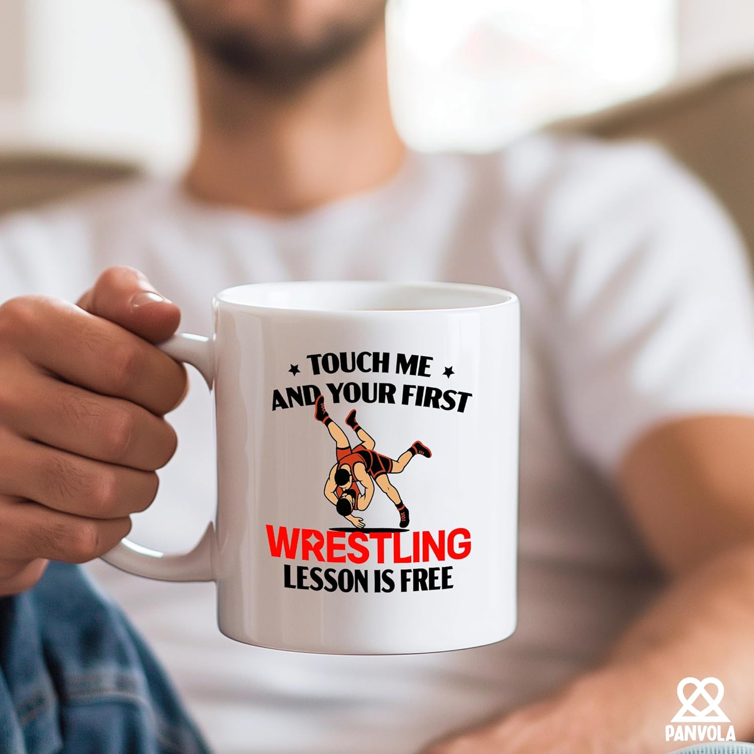 Panvola Touch Me And Your First Wrestling Lesson Is Free Wrestling Gifts Sports Wrestler Dad Husband Brother Uncle Novelty Drinkware Ceramic Mug 11 oz White - Image 6