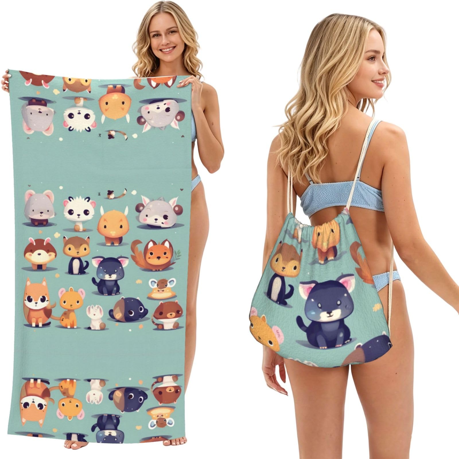 SXZVVBN Cute little animals 2-in-1 Beach Towel Bag, Quick Dry Sand Free Travel Towel Backpack for Adults