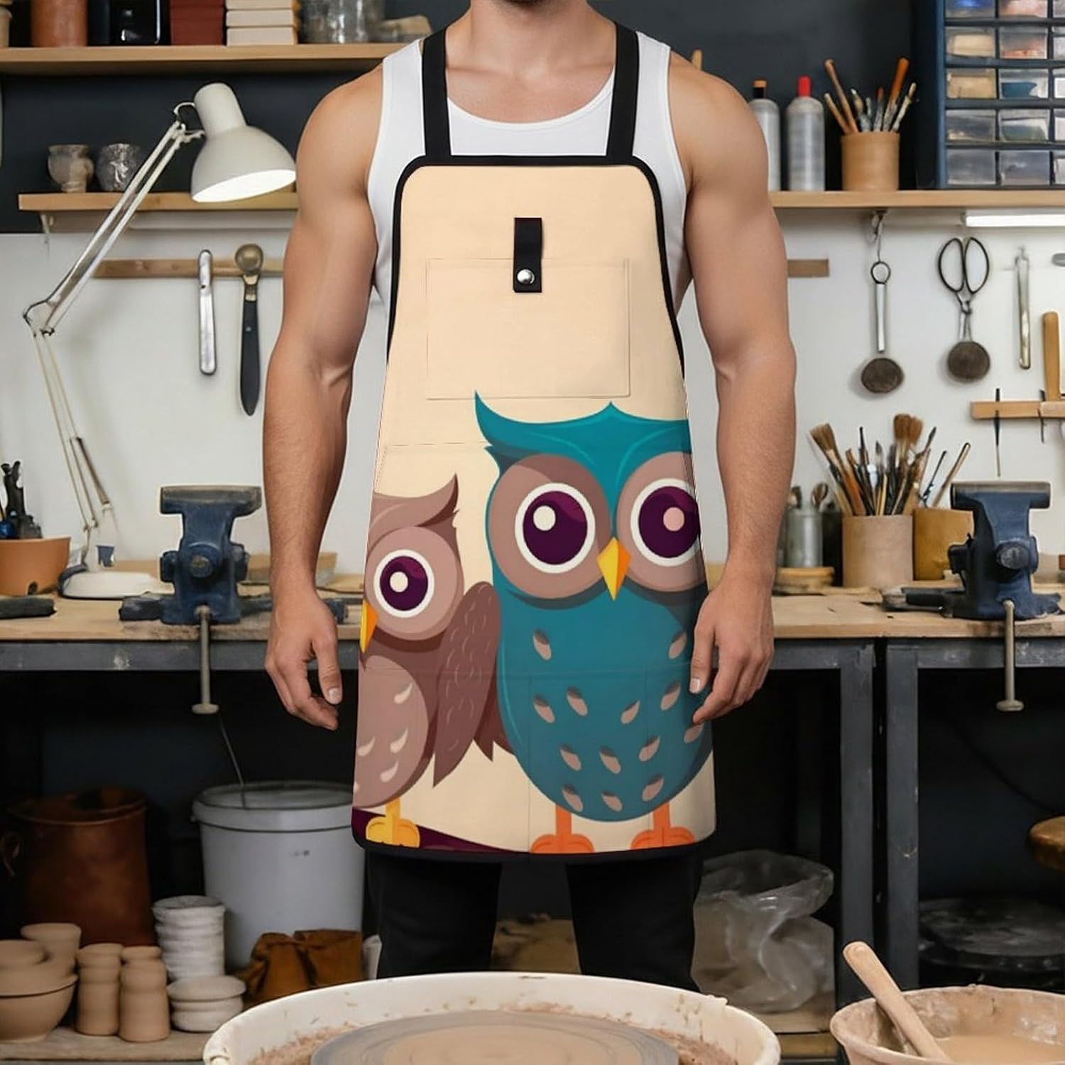 Cute Owls Work Apron with Pockets, Adjustable Tool Bag for Women, Welder Aprons for Men, Workshop Apron, Tool Storage Bags for Woodworker, Blacksmith, 28.5" X 23.6" image 4