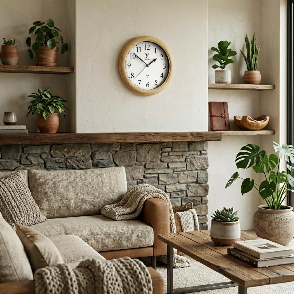 Holzwerk SONNEBERG (Funk) Natur Vintage Retro Holz Funk Wanduhr Glas Holz-Uhr Funkwanduhr Funkuhr nahezu lautloses Uhrwerk Massivholz 14 Zoll 35cm Braun Beige Buche große Ziffern