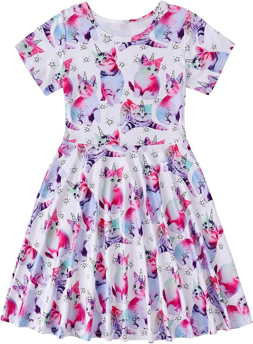 Toddler Girls Summer Dress Girls Casual Cartoon Print Short Sleeve Sundress