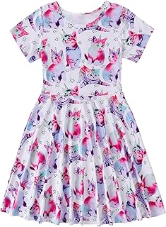 WonderBabe Girls Dresses Toddler Dinosaur Summer Sundress Kids Short Sleeve School Casual A Line Twirly Skater Dresses - Buy now