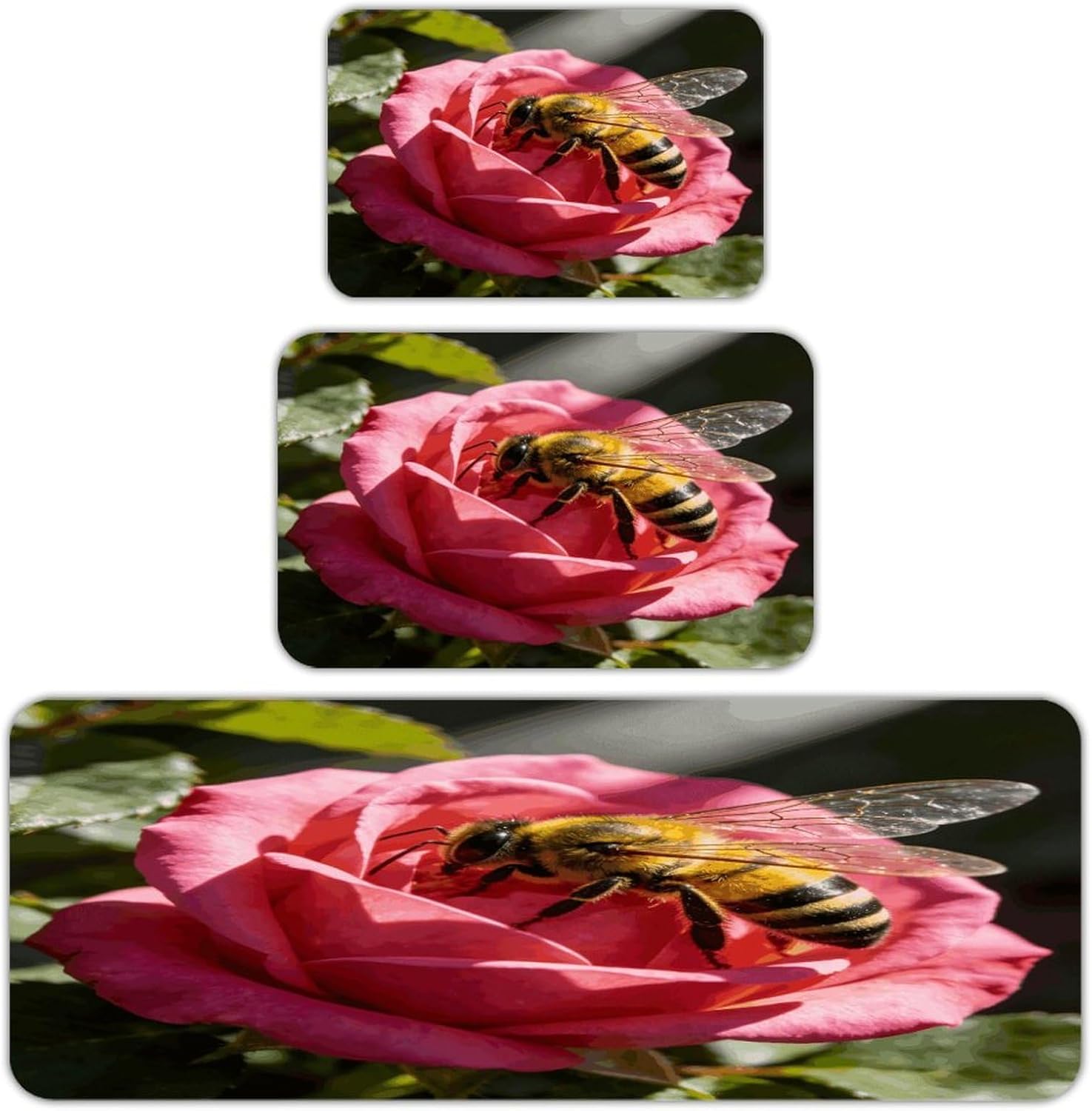 Bee Kitchen Rugs Sets of 3 Non Slip Kitchen Mat for Floor Comfort Standing Rug and Mats Thick Cushioned Long Area Carpets for Laundry Room Entryway