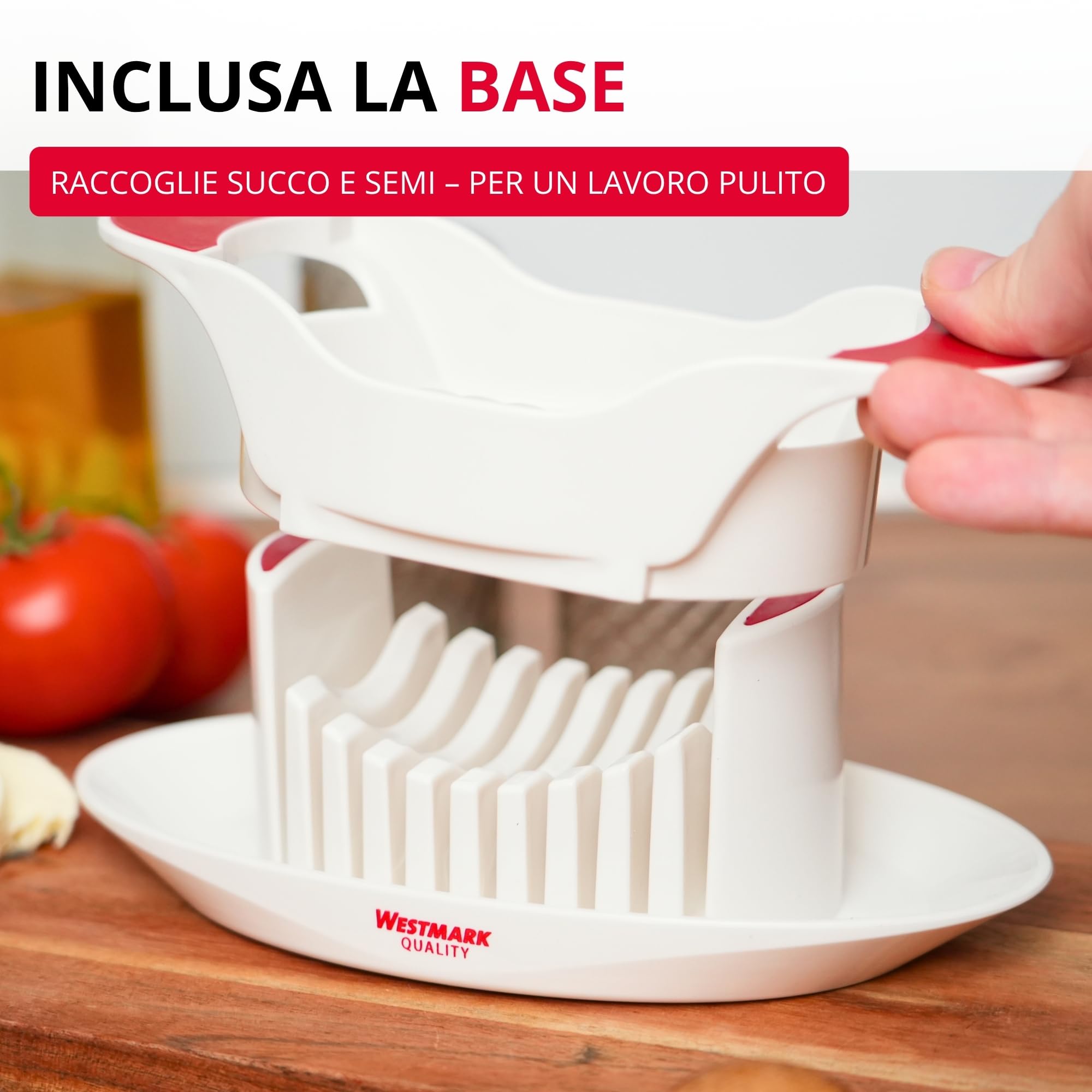 Westmark Affetta-pomodori e mozzarella con piattino e lame seghettate, Acciaio inox/Plastica, Bianco/Rosso, 11572260