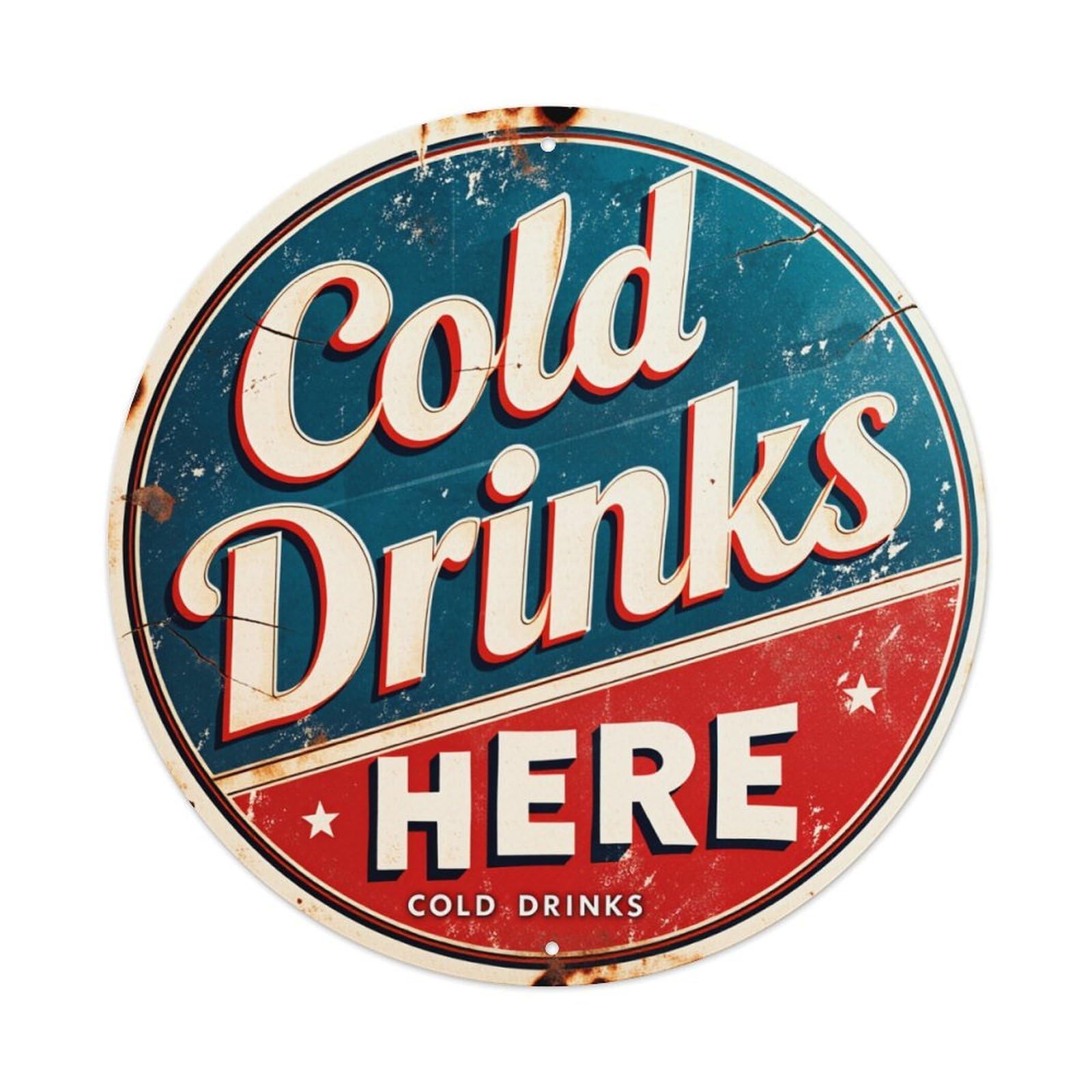 Lzwbntey Vintage Cold Drinks Here Sign Pattern Metal Tin Sign Retro Wall Decor For Home Bar Garage Cafe, Indoor & Outdoor Decorative，Circle Metal Poster, 8X8 Inch