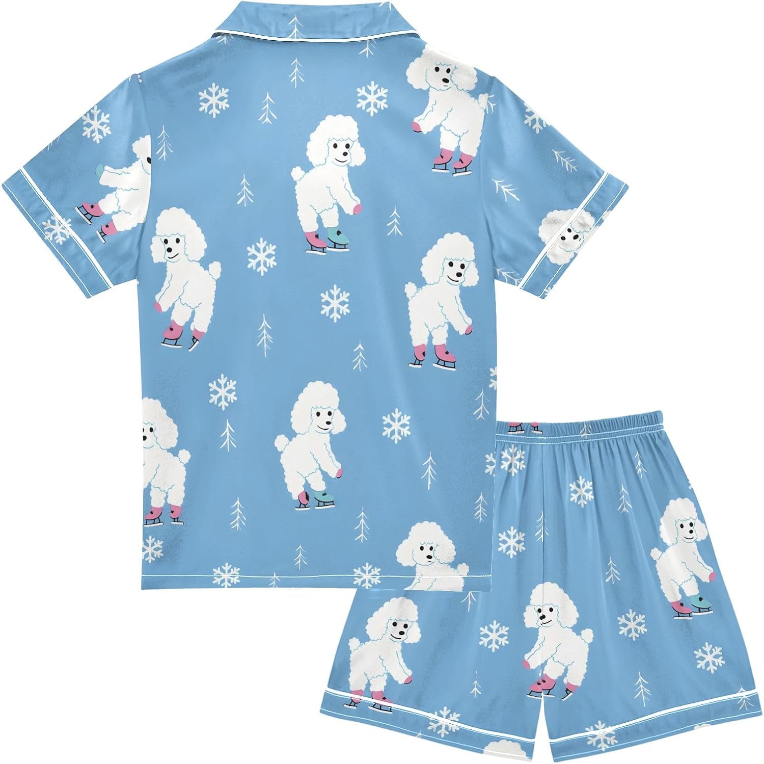 Kids Satin Wear Set White Dog Snowflake Pattern Relaxed Fit Clothing Short Sleeve and Shorts