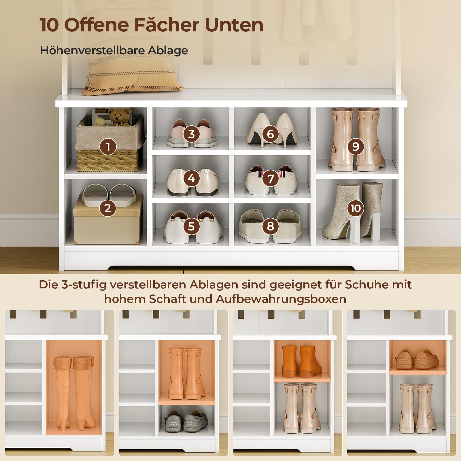 AOGLLATI Garderobenständer mit Schuhbank,Garderoben-Set mit 8 Doppelhaken & Offenem Stauraum, Flurgarderobe Set Kompaktgarderobe mit Schuhschrank für Eingangsbereich Schlafzimmer Wohnzimmer(Weiß)