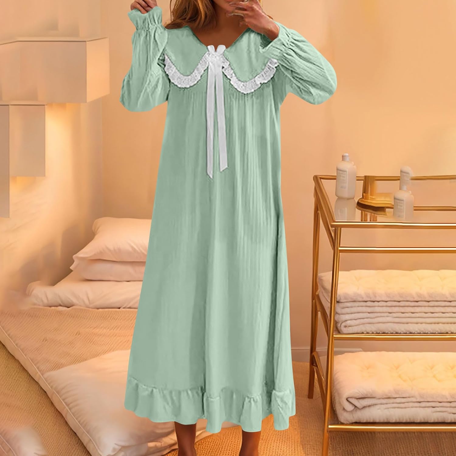 Women's Flannel Nightgown Fall Winter Fashion Lace Lapel Long Sleeves Loose Comfy Nightdress Pajamas Dress