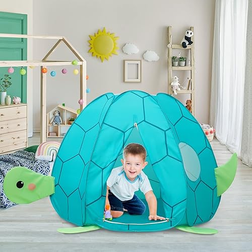 CRAWLBO Tienda de campaña de juegos para niños, tienda de campaña desplegable con diseño de tortugas con configuración automática para niñas y