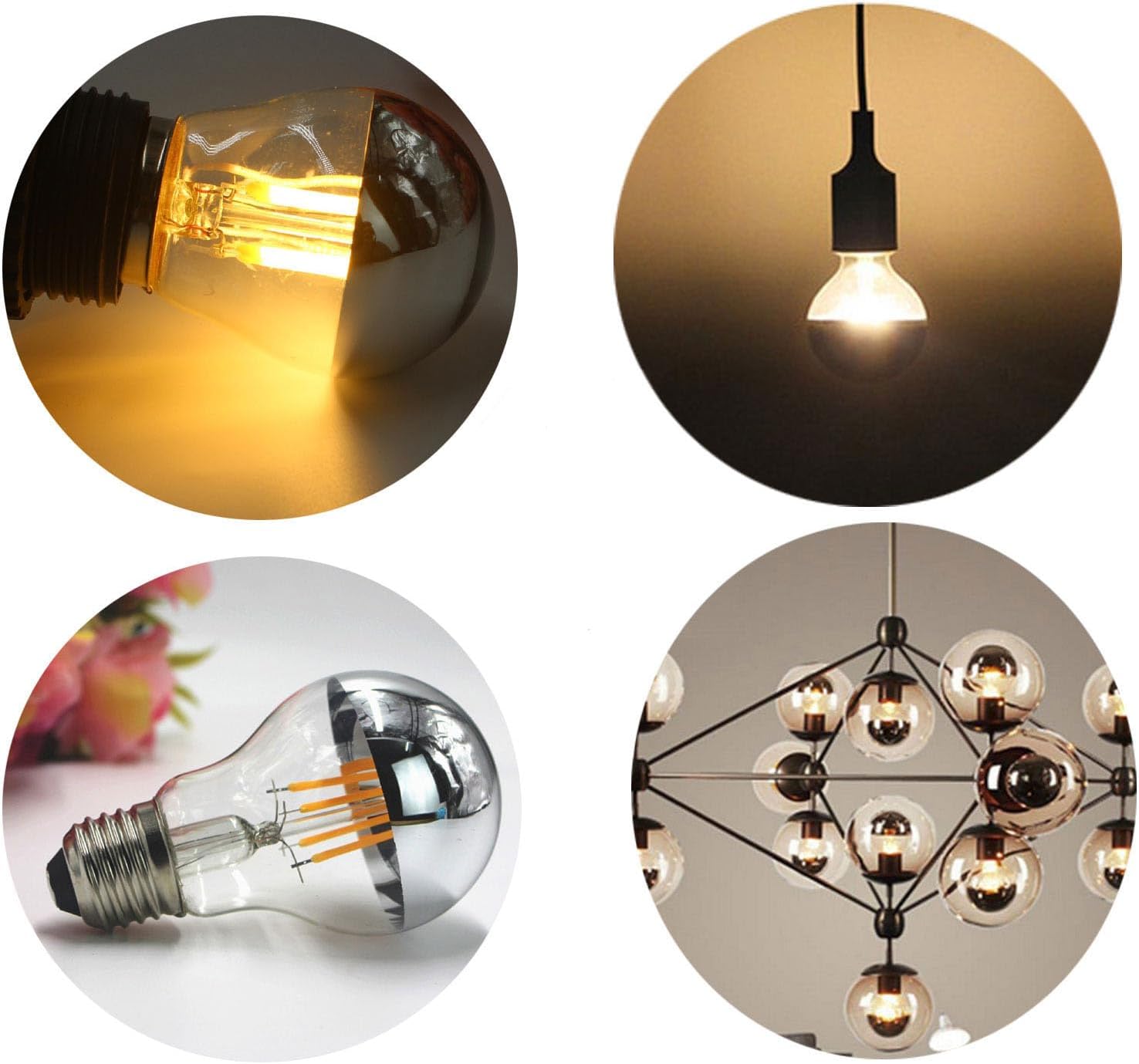 CTKcom 4-Pack A19 Half Chrome Light Bulb 4W Dimmable, E26 Base Natural Light 4000K 40W Equivalent 320lm AC110V, E26 Base Decorative Silver Mirror LED Edison Bulb for Indoor Living Room