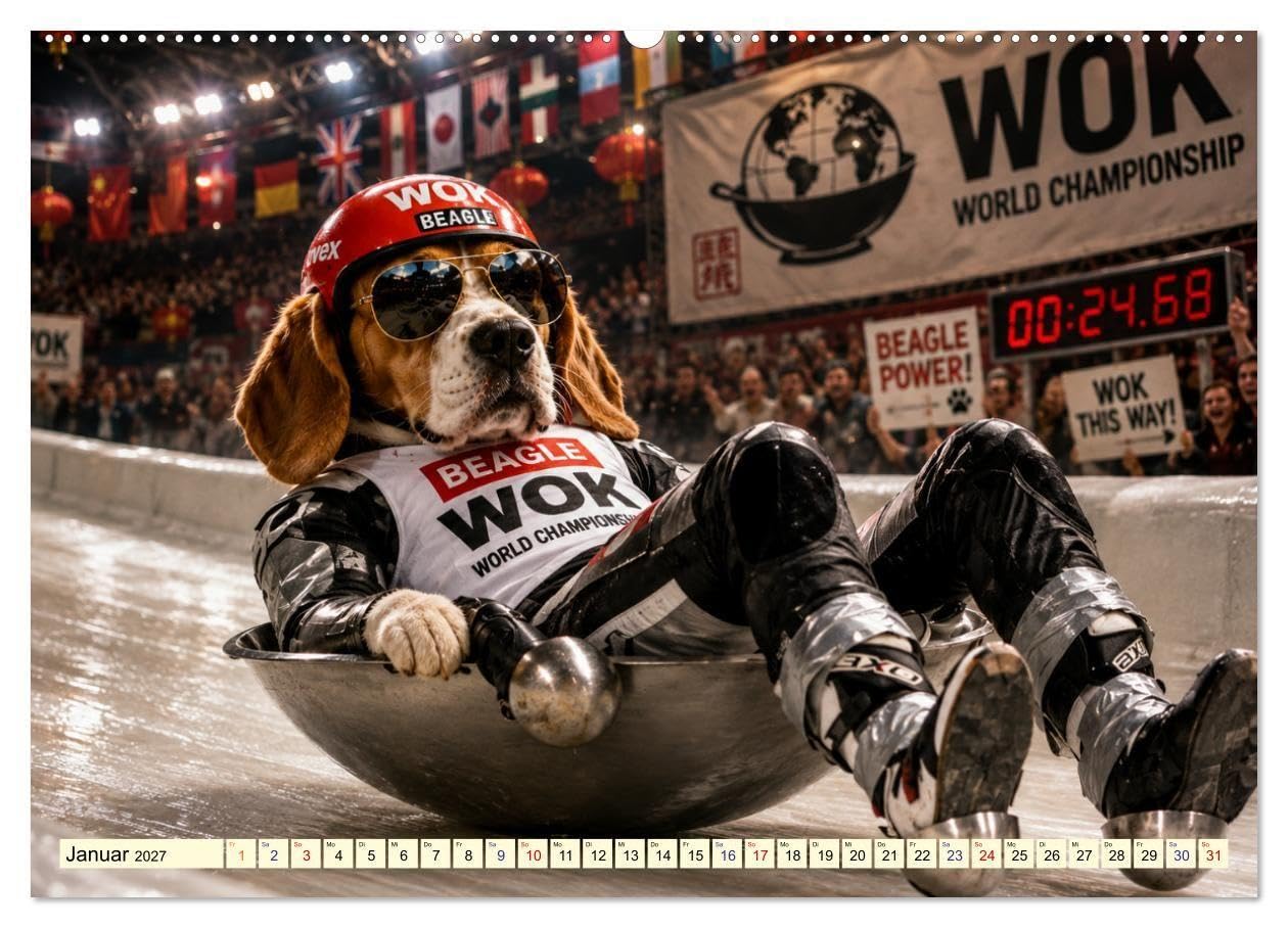 Beagle im Sportmodus (hochwertiger Premium Wandkalender 2027 DIN A2 quer), Kunstdruck in Hochglanz: Beagle-Power: Sportlich durchs Jahr