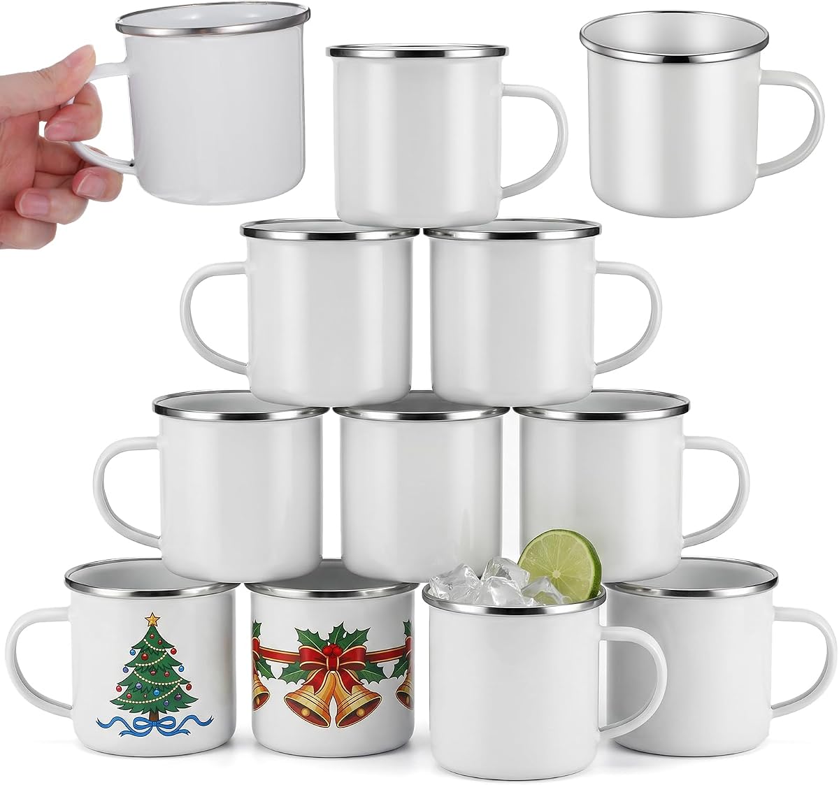 12 Pack Sublimation Mugs with Silver Rim - Custom Mug Blanks for Heat Transfer, White Enamel Camping & Travel Coffee Cup, DIY Gift Ready, 12oz