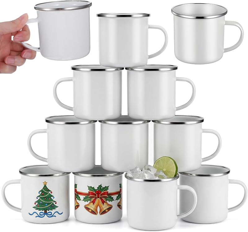 12 Pack Sublimation Mugs with Silver Rim - Custom Mug Blanks for Heat Transfer, White Enamel Camping & Travel Coffee Cup, DIY Gift Ready, 12oz
