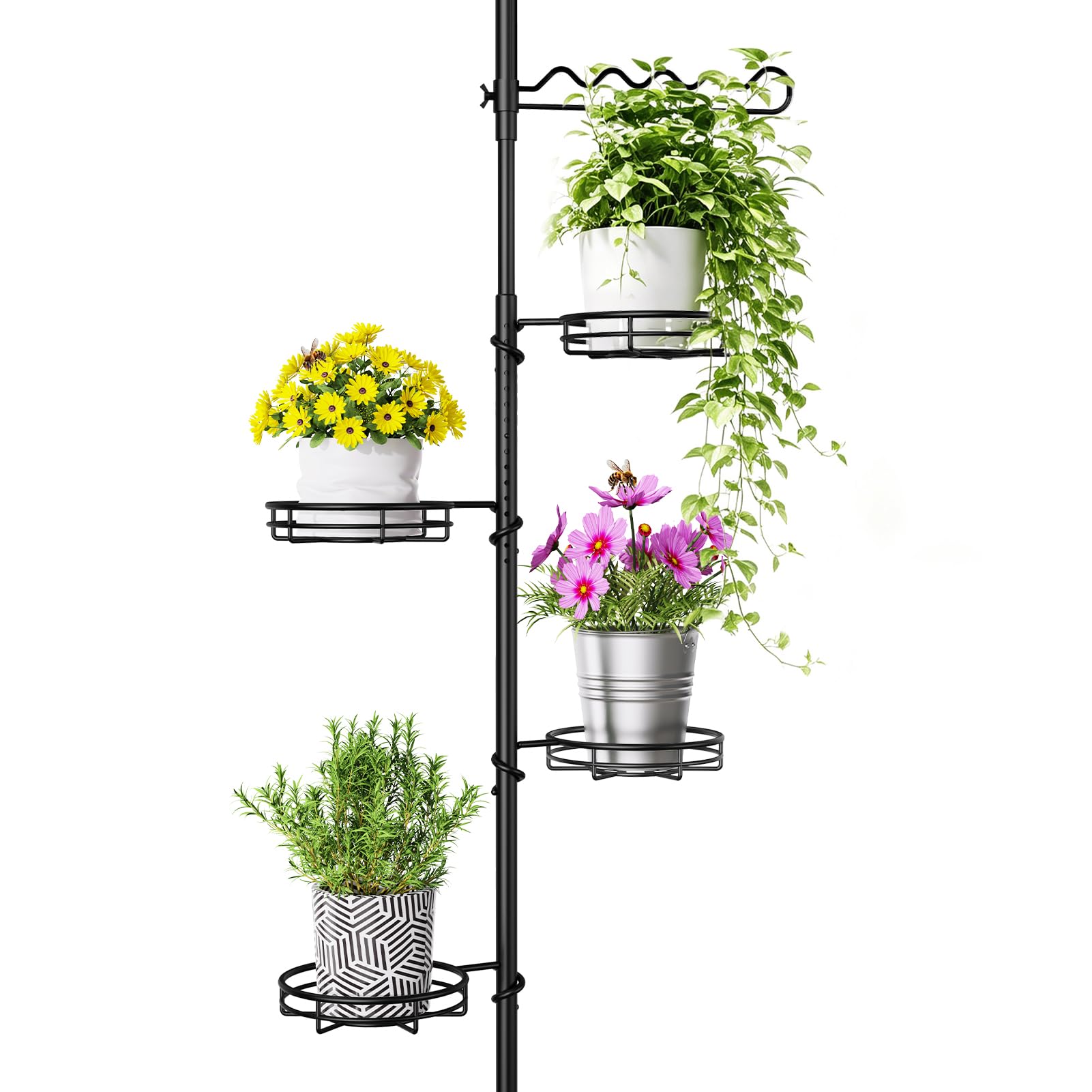 WELDUN Étagère à fleurs télescopique avec 4 supports de fleurs et 1 tuteur - Support pour plantes d'intérieur peu encombrant - Étagère d'angle en métal - Étagère suspendue réglable - 122-290 cm (H