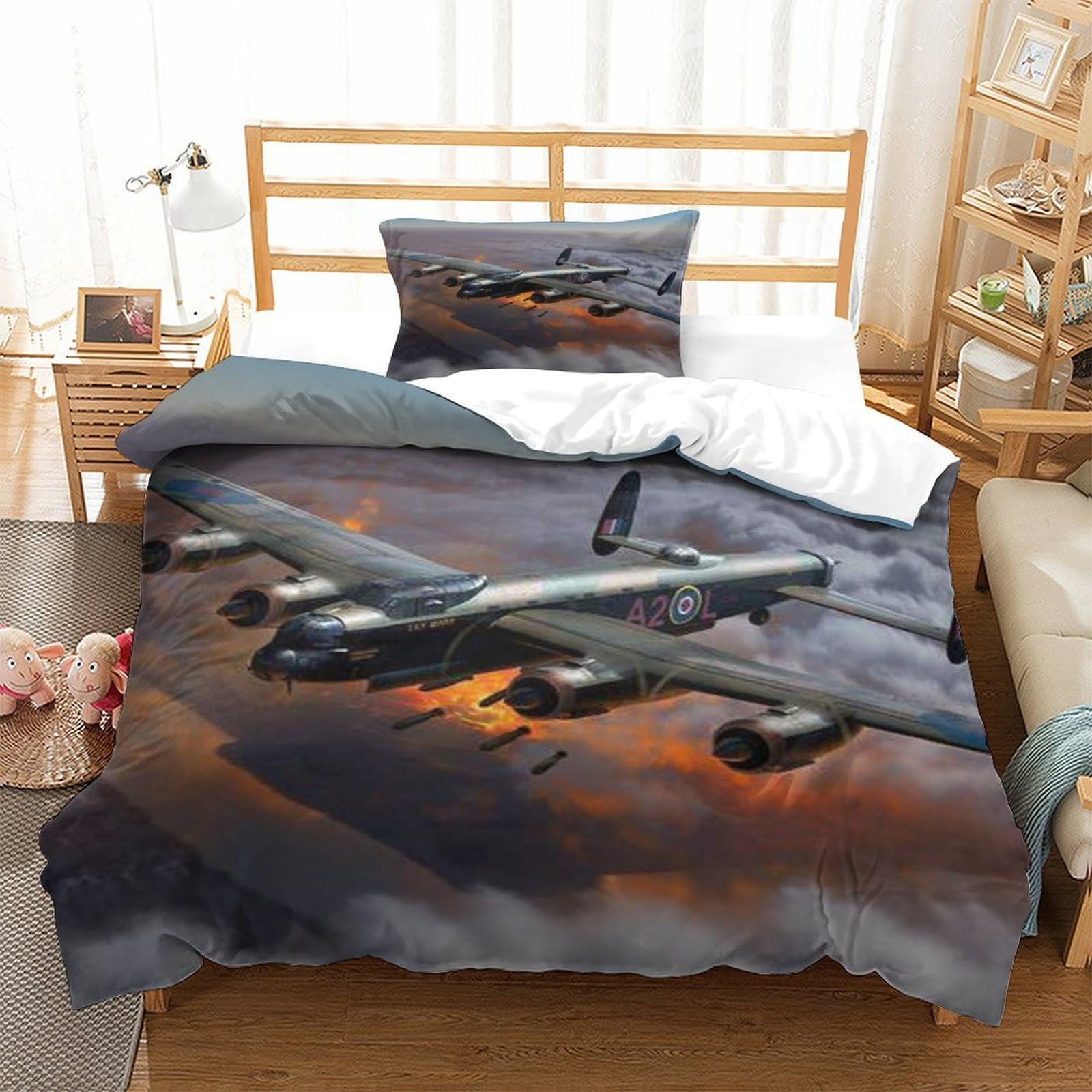 LILIlaobiao Lovingly WW II Aircraft Comforter Cover Single（135x200cm）, Lancaster Bomber Duvet Cover with Pillowcases, Soft Microfiber Lancaster Bomber Quilt Cover for Boys & Girls